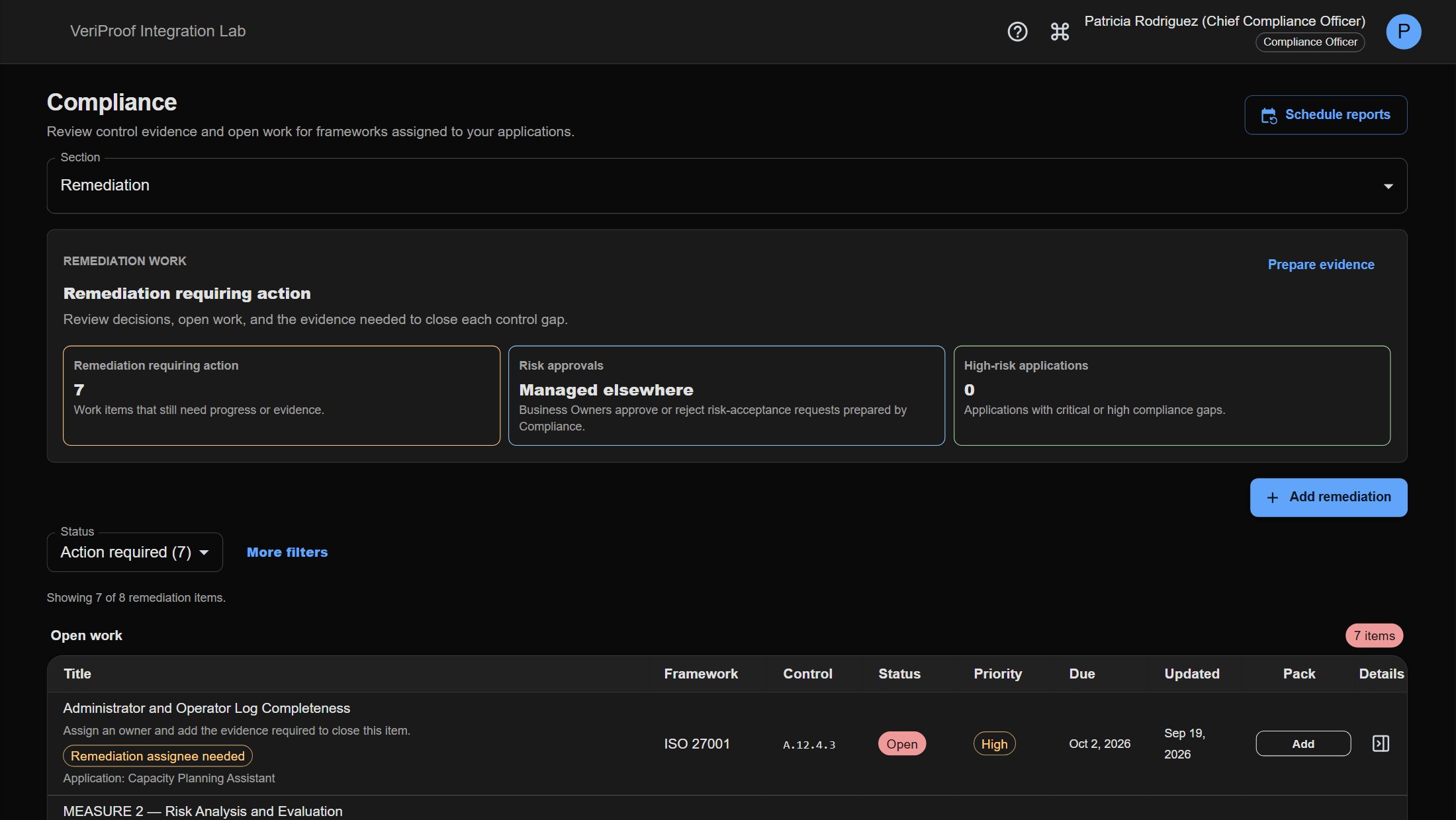 Open compliance work listed by framework and control, with status, priority, and due date.