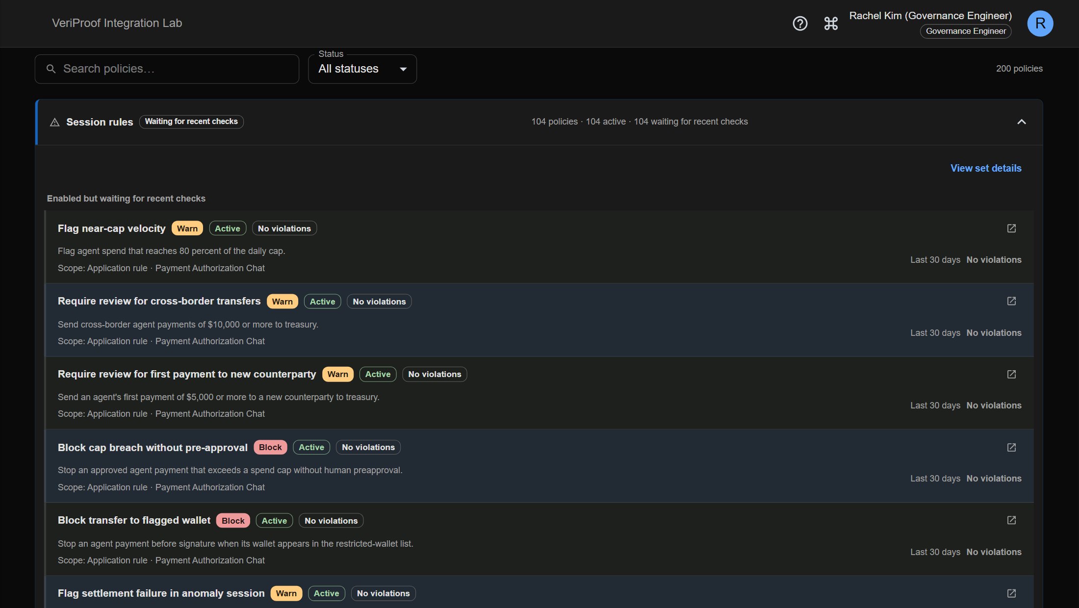 Active rules written in plain language, each with its outcome, scope, and whether it triggered in the last 30 days.