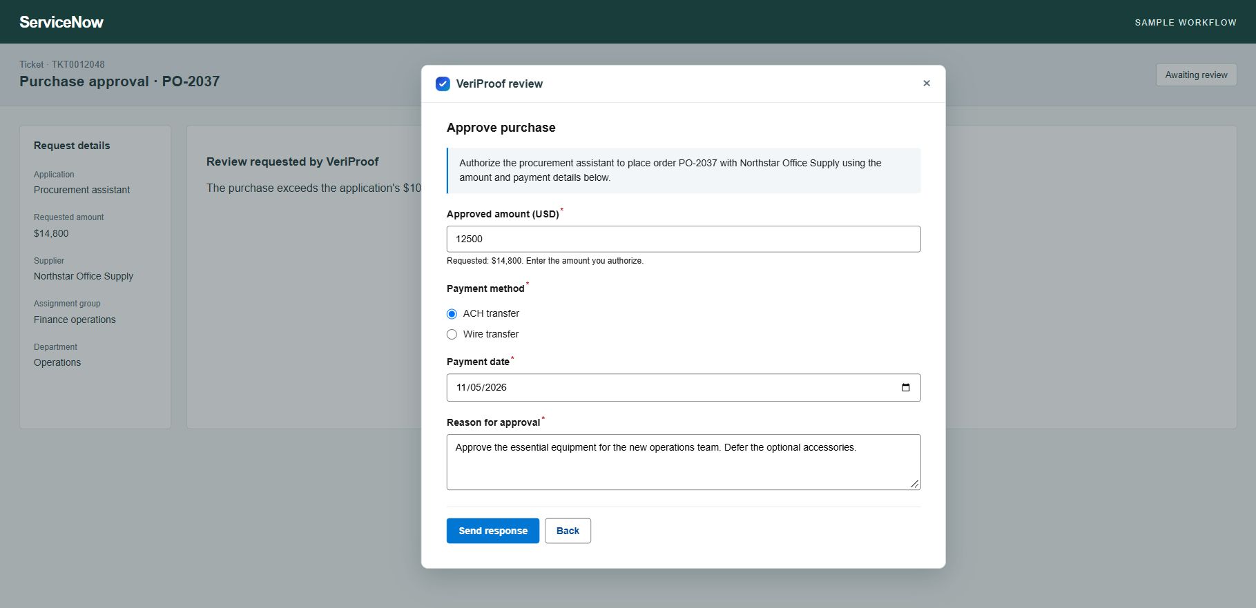 A sample ServiceNow purchase exception review with an approved amount, payment date, and written reason.