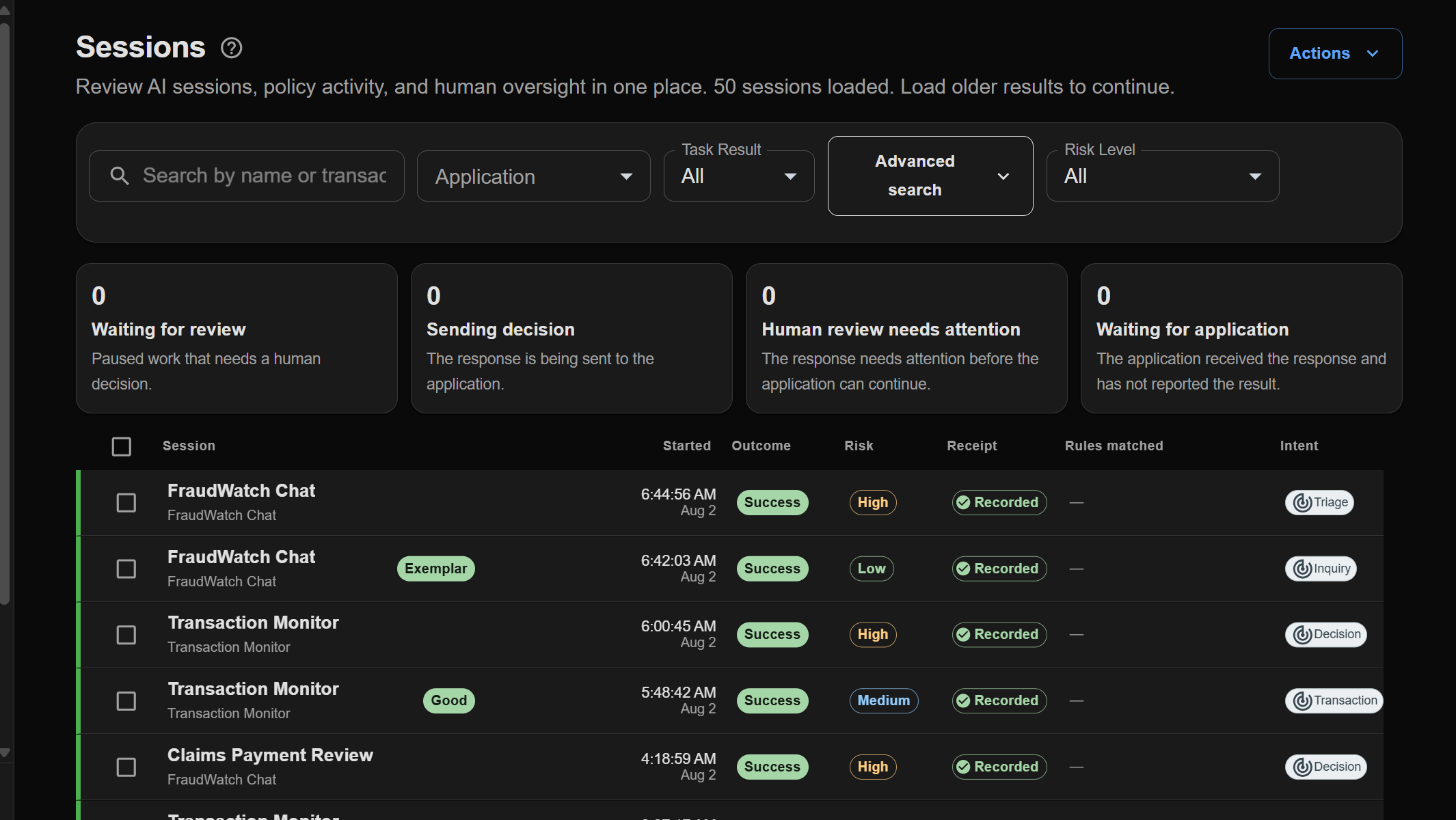 VeriProof sessions workspace showing searchable AI decision records with outcomes, risk, verified receipts, directives, step counts, duration, and cost.